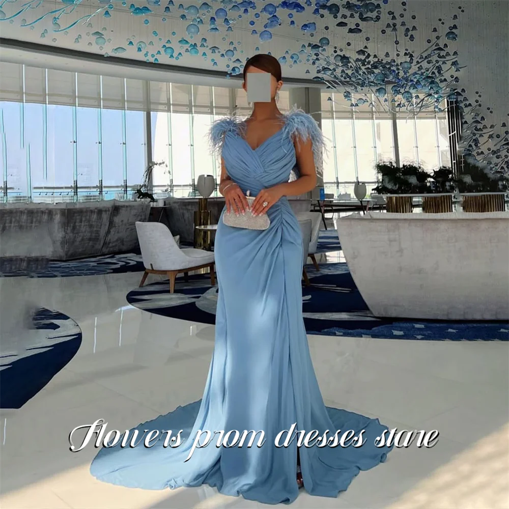 

Flowers Light Blue Chiffon Prom Dresses with Feather Trimmed Shoulders Celebrity Dress Ruched Waist Evening Dresses Customized