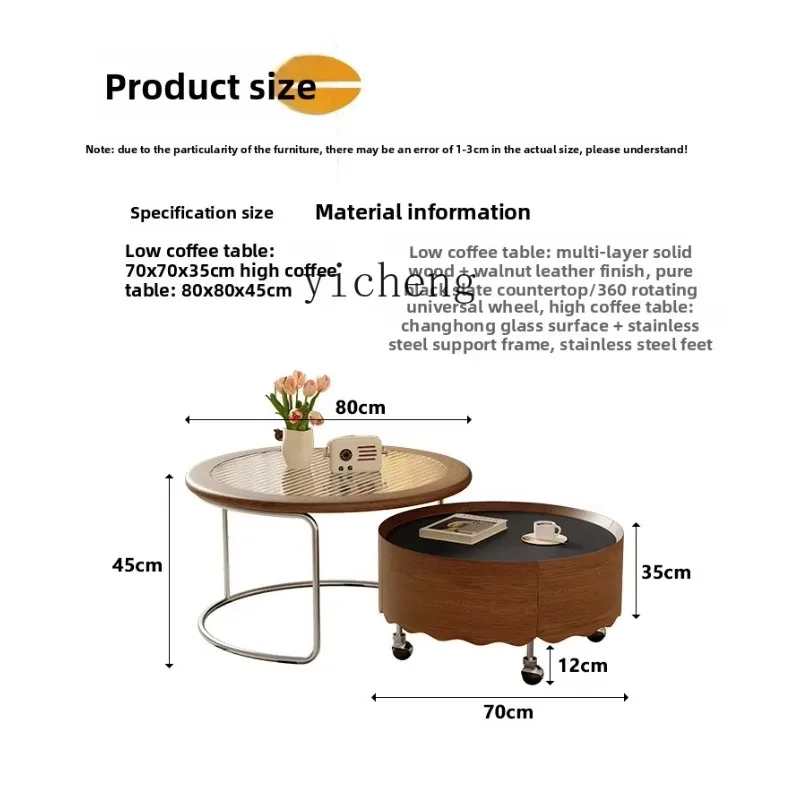 CJ-12 Retro Medieval Style Round Coffee Table Size Combination Living Room Household Solid Wood Rock Slab