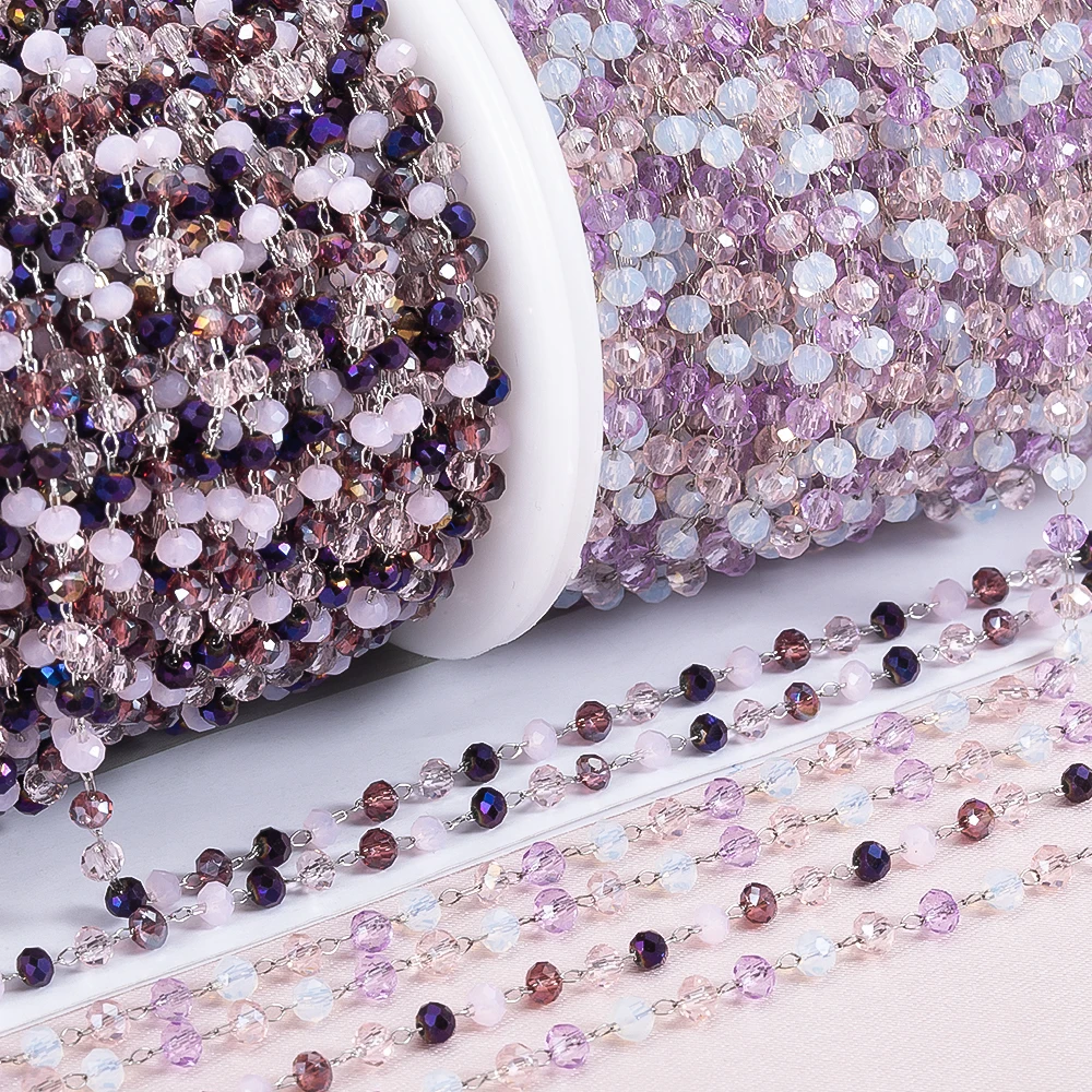 1Meter Purple Crystal Stone Beads Stainless Steel Chain for Necklace Bracelet DIY Jewelry Making Supplies