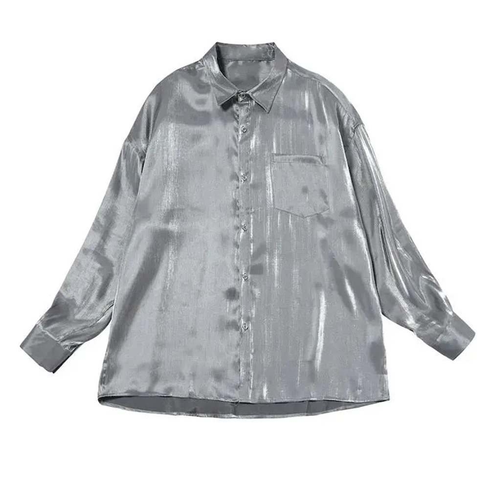 Camisa de satén de seda de hielo para hombre, camisa brillante de manga larga con sistema de abstinencia, Color puro, combina con todo, 2024