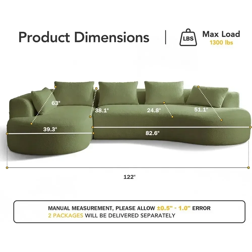 Extra Deep 4-Seater Curved Sectional Sofa with Chaise, Green, Breathable Fabric, 5 Pillows, Ready to Use