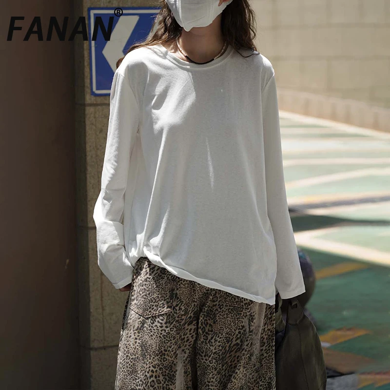 

FANAN Solid Minimalism Pullover T-shirt For Women Round Neck Long Sleeve Korean Style Loose Tops Female Clothes 2025 Autumn New