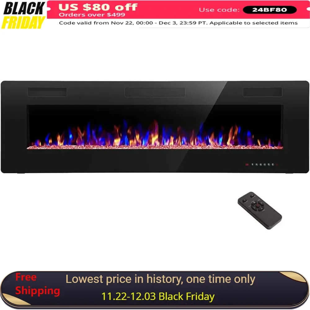 68 inch Electric Fireplaces, Remote Control, Touch Screen & Adjustable Flame and Speed, Recessed Wall Mounted Electric Fireplace