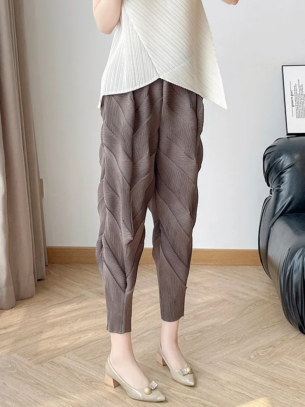High Waist Pleated 9-Piece Pants Elastic Cuffed Casual Trousers for Women Summer 2024 Polyester Fiber Versatile Stylish