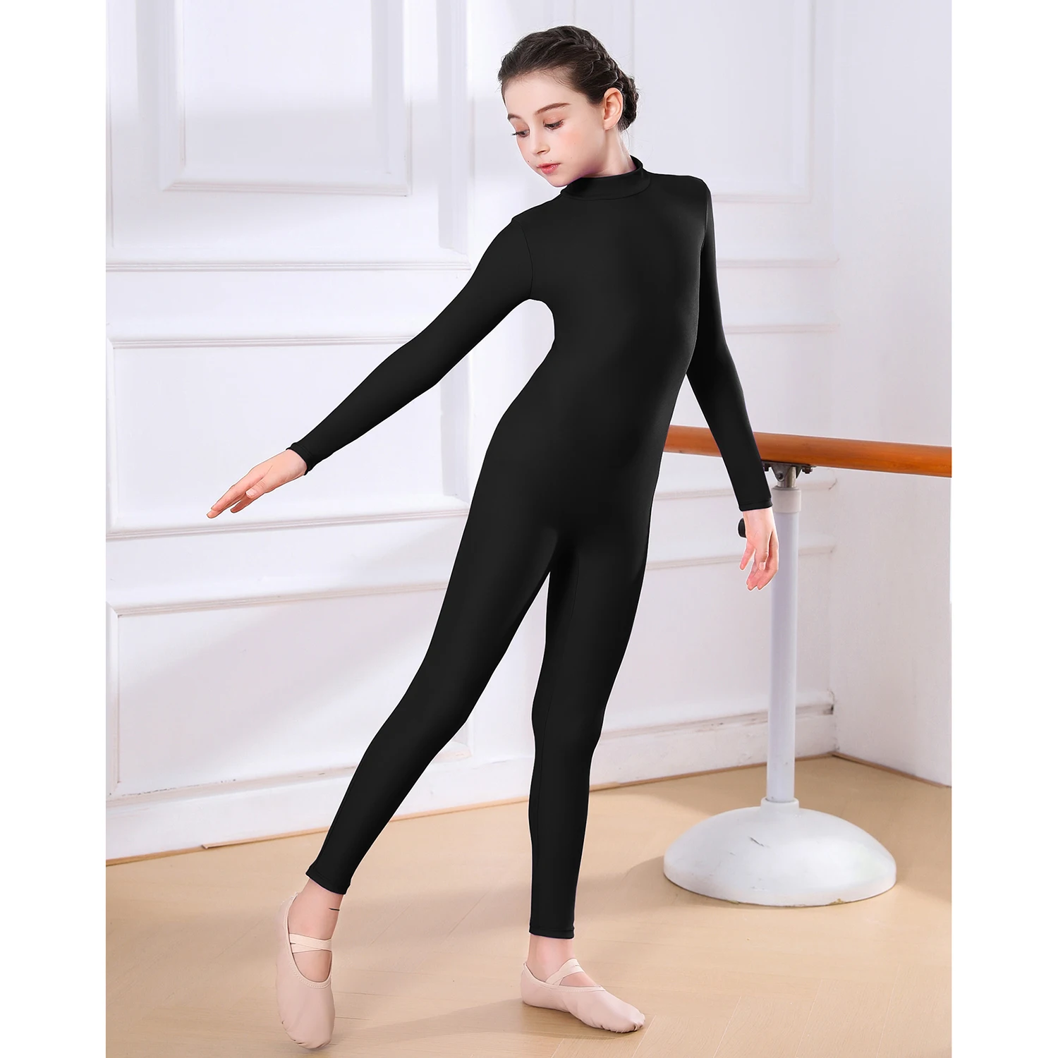 AOYLISEY Kids Ballet/Skate Dance Unitard Gymnastics Full Body Leotard for Girls Black Long Sleeve Children Jumpsuit  Stage Wear