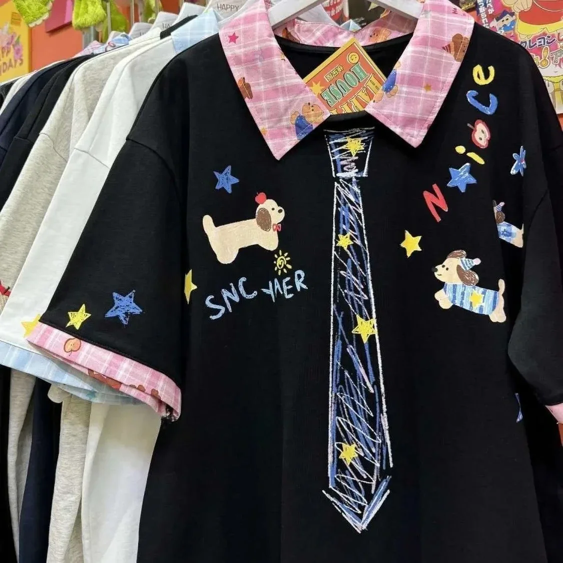 American Vintage Hand-painted Tie Plaid Puppy POLO Collar Short Sleeve Female Summer New Loose Fake Two T-shirts Kawaii Y2k Top