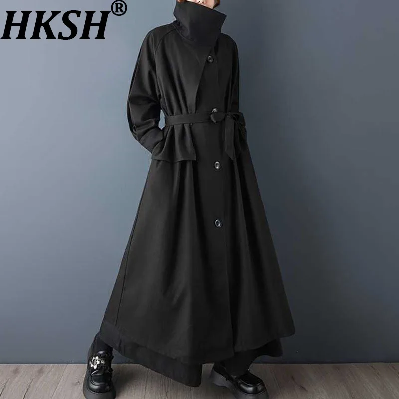 

HKSH весенне-осенний новый женский длинный плащ с отложным воротником, однобортный пояс, однотонная элегантная шикарная куртка HK13771