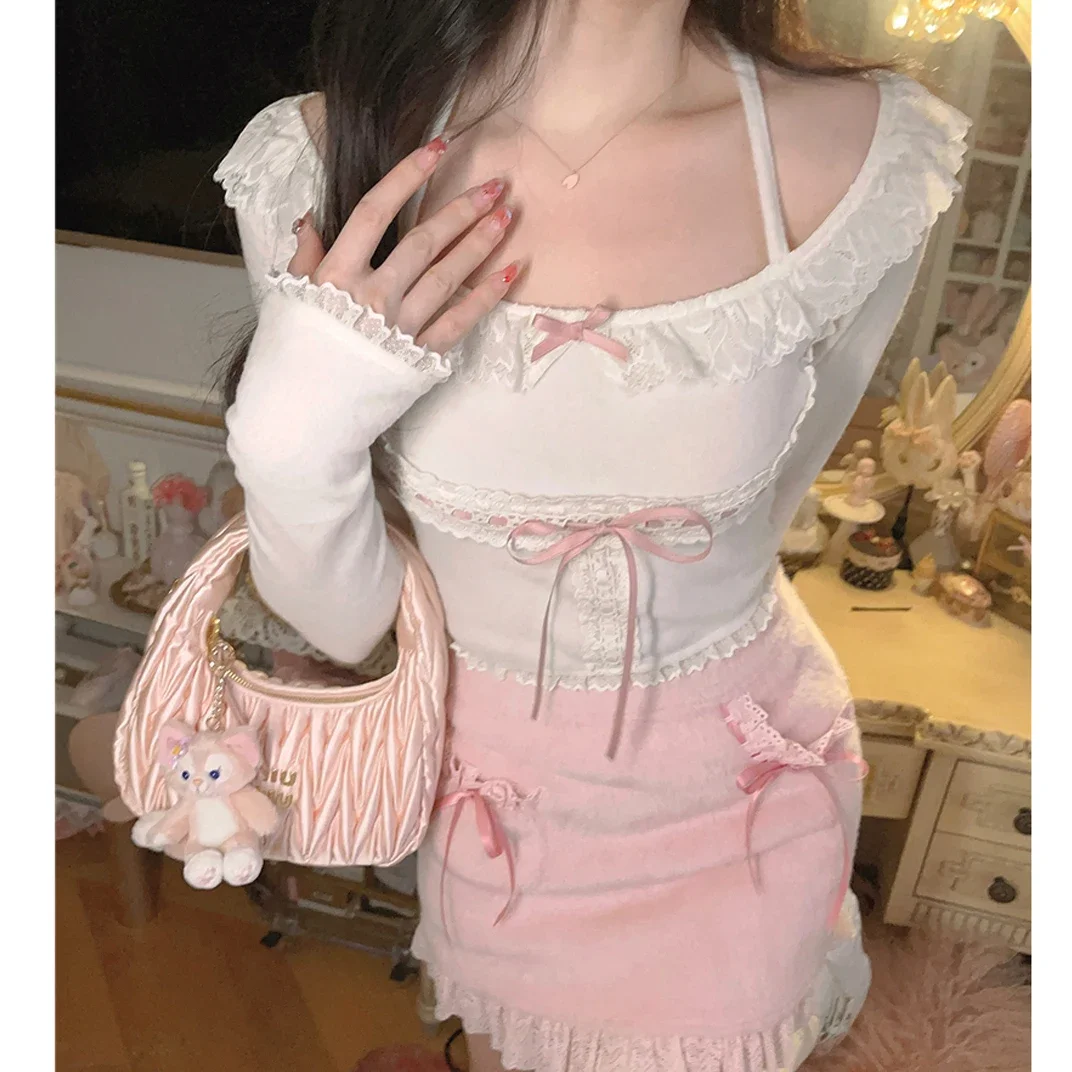 2024 Pink Japanese Style Crop Top Women White Korean College Sweet Top Slim Fit Sweet Solid Bow Lace Franch Cute Princess Blouse