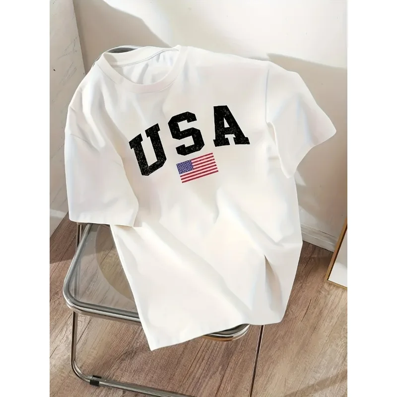 Women's Round Neck Short Sleeve T-Shirt with National Flag Letter Print