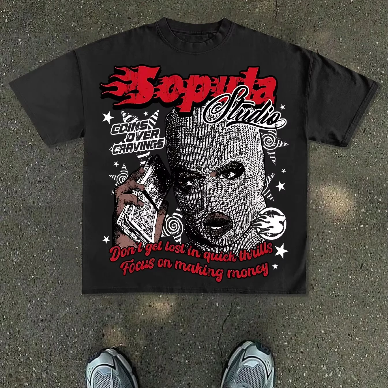 Men's Soputa Studio Streetwear T-Shirt - Loose Fit Cash & Star Money Motif with Soputa Studio Flame - Summer Casual