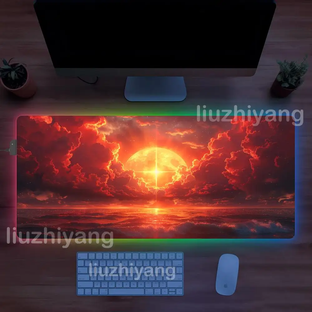 

Large RGB Gaming Mouse Pad Sunset Scenery Mousepad LED Light Locked Edge Game Accessories Table Pads PC Keyboard Mat XXL 90x40cm