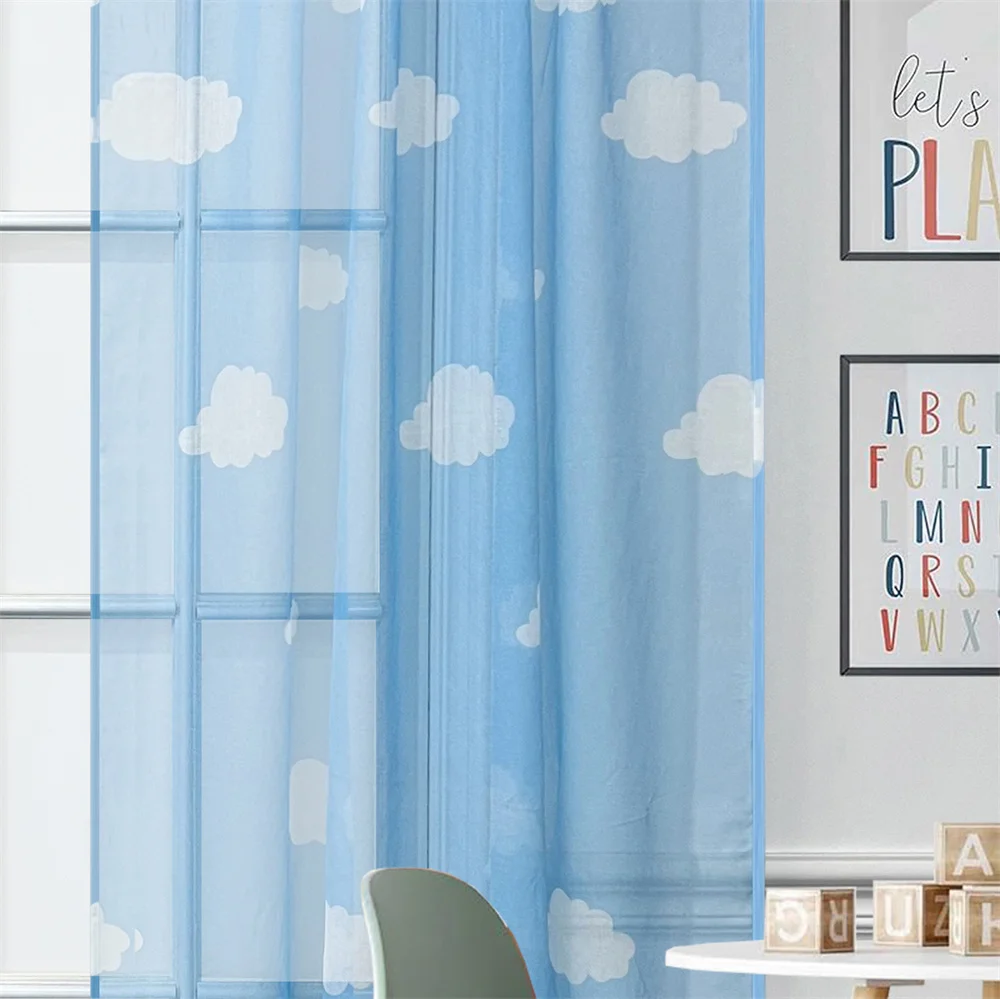 Blue Semi Sheer Curtains Clouds Printed Window Panels for Bedroom Living room Light Filtering Voile Kids Room Decor