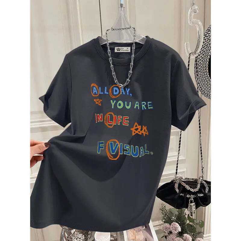 Summer Hong Kong Style Chic Color Letter Print T-shirt Women O-neck Short Sleeve 100 Cotton Basic Tees Casual Loose Top 45-105Kg