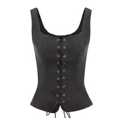 Medieval Women Vintage Suede Corset Top Lady Vest Lace-up Strap Renaissance Square Neck Sleeveless Slim Fit Waistcoat Cosplay