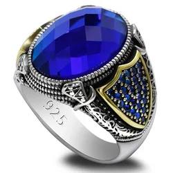 Punk Hip Hop s925 Sterling Silver Türkiye Men's Handmade Ring Fashion Blue Glass Stone Luxury Valentine's Day Party Jewelry Gift