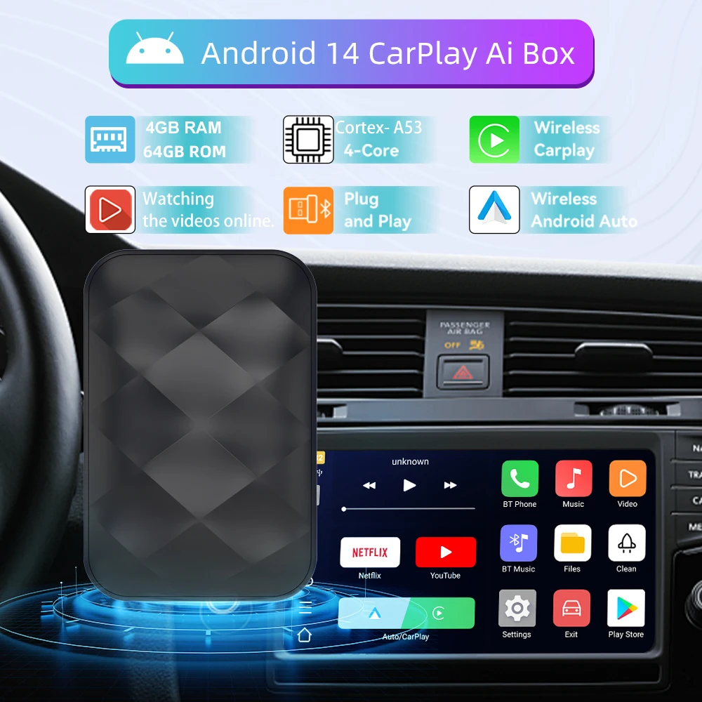 New 3in1 Android 14 Wireless CarPlay Smart Box Android Auto For Youtube Netflix WIFI Adapter Plug and Play For Toyota Mazda Ford