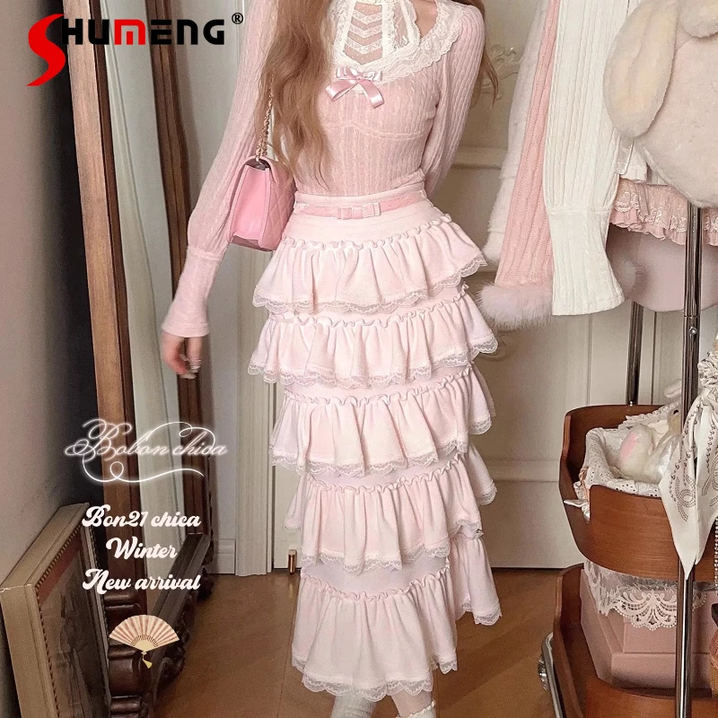 

2026 Spring New High-Waisted Multi-Layered Ruffle Knit Long Skirt Pink Color Y2k Clothes Japanese Rojita Style Y2k Skirts Women