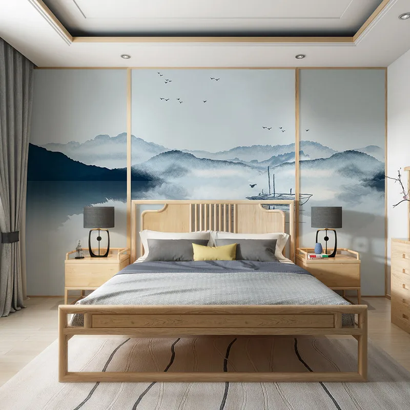 Customized Modern new Chinese ink landscape hand painted mural TV background living room simple wallpaper bedroom restaurant 3d