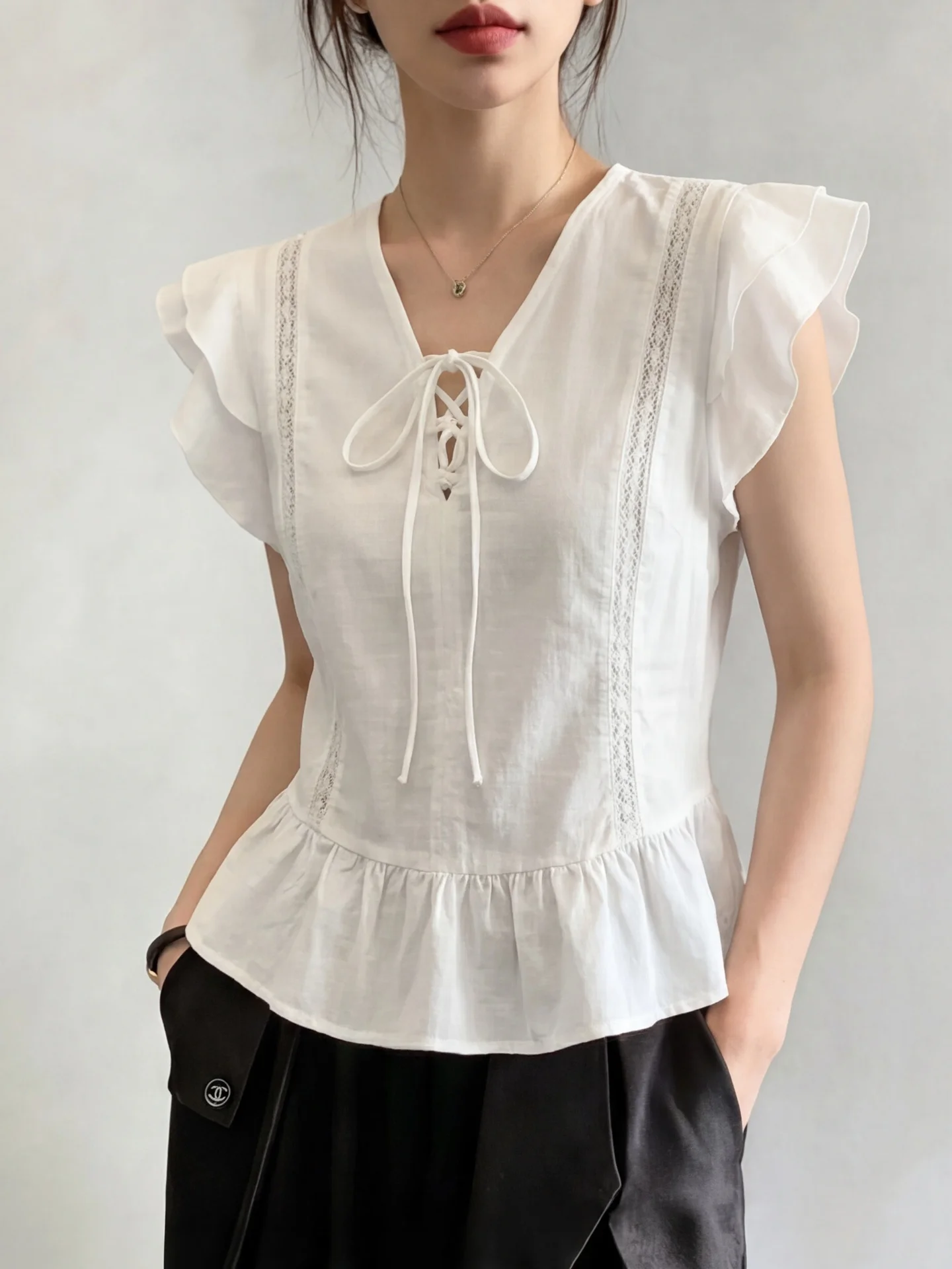 

White Lace Trim Belted Summer New Style Women's Shirt V-Neck Short Sleeve Breathable Loose Fit French Style Top