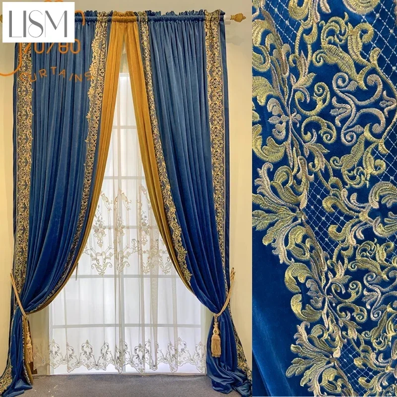 Dark Blue Gold Embroidered Velvet Thickened Curtains For Living Room Bedroom French Window Balcony Embroidered Window Screen