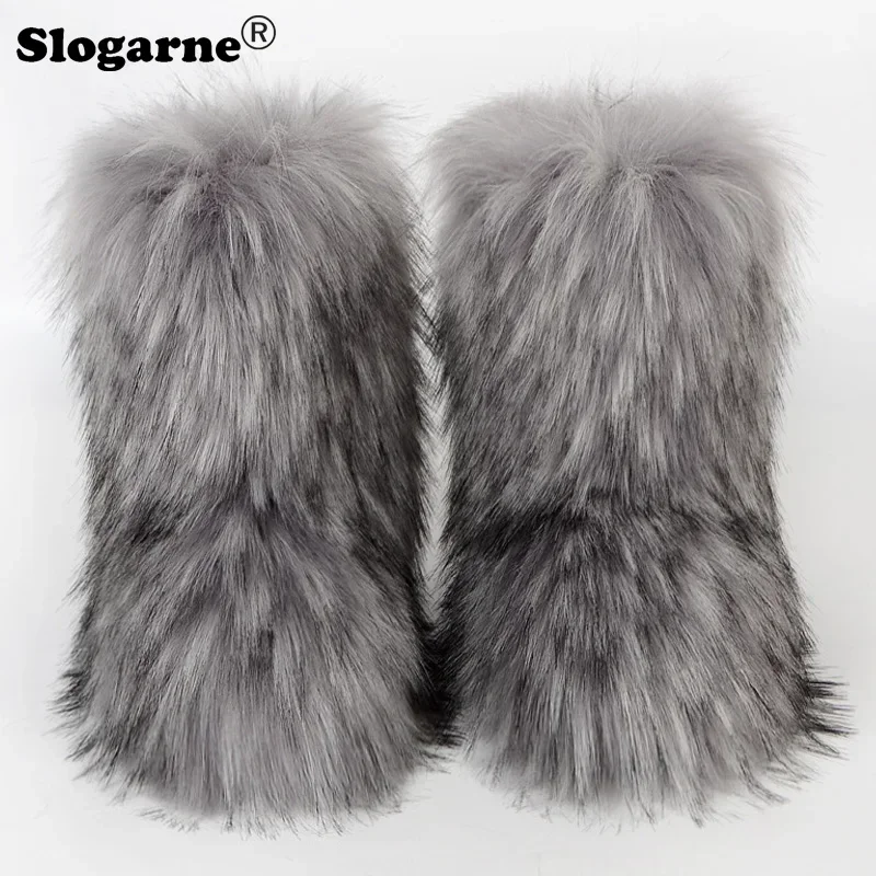 Women\'s Winter Fluffy Faux Fox Fur Boots Woman Plush Warm Snow Boots Luxury Footwear Girls\' Furry Fur Bottes Fashion Winter Shoe