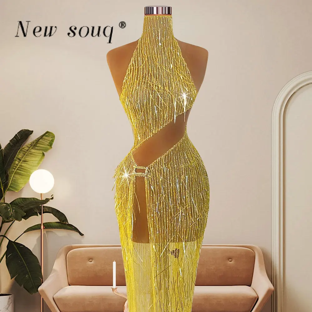 Sexy Illusion High Slit Yellow High Neck Evening Dresses Sleeveless Long Sparkle Sequin Women Prom Gowns Straight Fitted Outfits