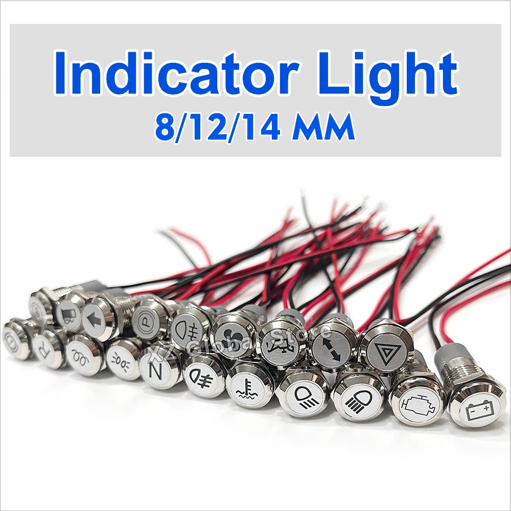 8/12/14mm Symbol LED Indicator Light 12V 24V Silver Metal Indicator Dash Pilot Light with Wire Car Dashboard ruck Machinery