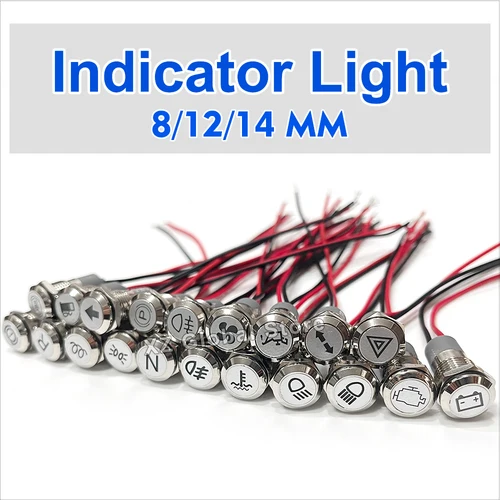 Imagen 2 del producto 8/12/14mm símbolo led indicador luz 12V 24V plata indicador de metal Dash piloto luz con alambre coche tablero de mando ruck maquinaria
