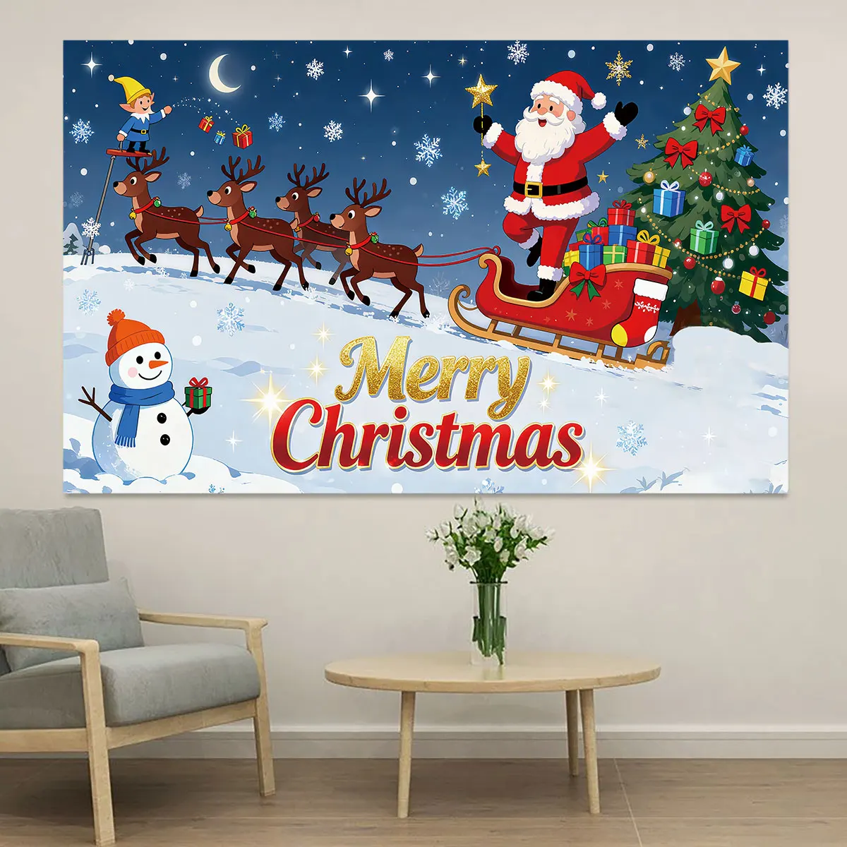 1pc Christmas Elf Santa Sleigh Wall Sticker Self Adhesive PVC Decal Merry Christmas Tree Snowman Snowflake Mural For Living R