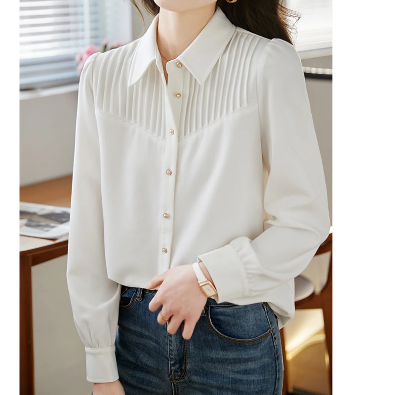 

Белая блузка в складку-аккордеон во французском стиле для женщин, с длинным рукавом, отложным воротником, на одной пуговице, качественная, топы, рубашки