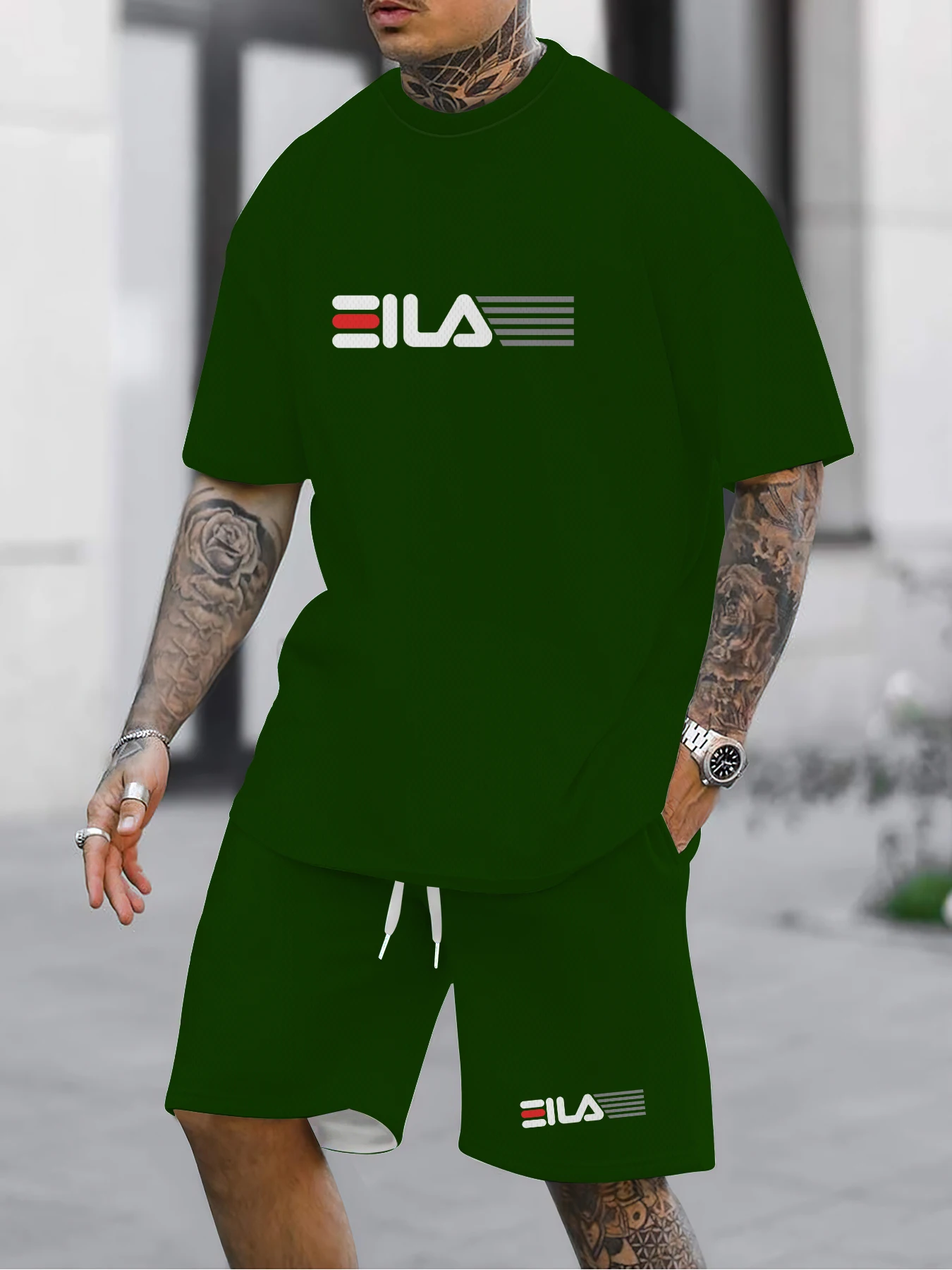 

Summer Men's Set Polyester Sports and Leisure Round Neck with Micro Elastic Knitted 2-piece Set Short Sleeve T-shirt and Shorts