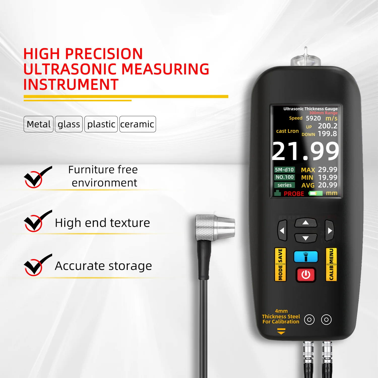 Smart Ultrasonic Thickness Gauge 2.8 inch Color Screen Single/Continuous Thickness Measurement Rechargeable Thickness Gauge