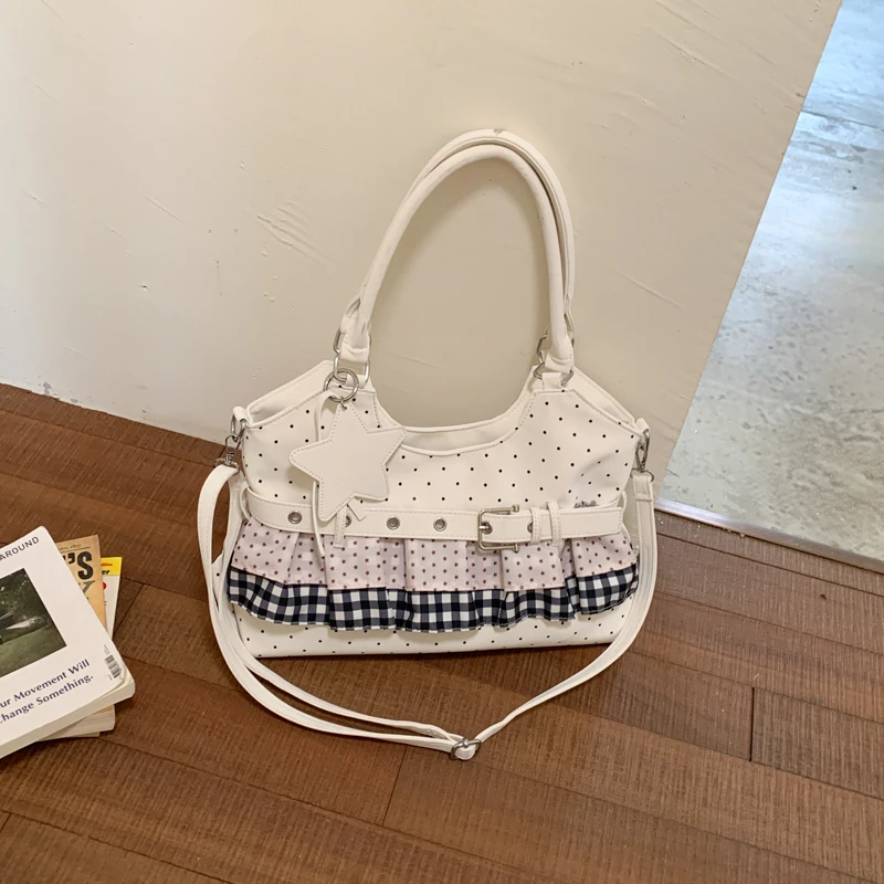 Y2K Sweet Polka Dot Ruffle Shoulder Bag Women Gingham Plaid Splicing Star Pendant Small Handbag Lolita Fashion Tote Purse