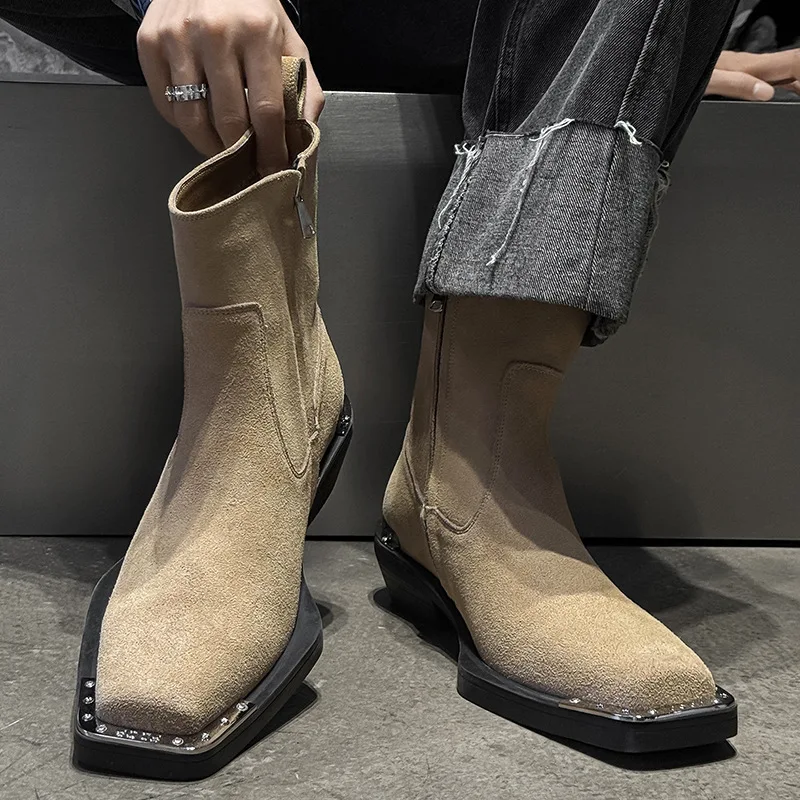 Botas de cuero de gamuza de vaca para hombre, calzado informal de estilo inglés para fiesta, club nocturno, zapatos de diseñador con punta cuadrada, botas de plataforma de vaquero, botas chelsea