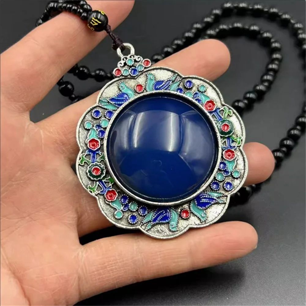 Antique Collection Old Silver Grilled Blue Pendant Handmade Inlaid Warm Health Color Changing Round Gemstone