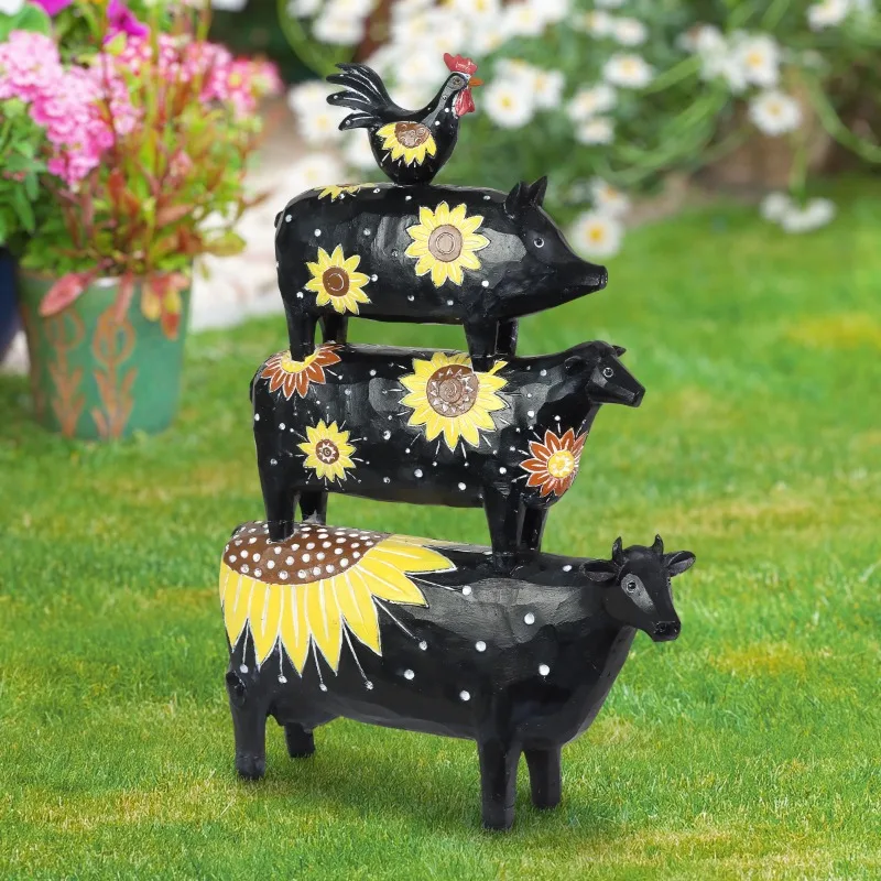 Stacked Sunflower Farm Animal Garden Statue, 12.5 by 17 inches,  (Yard Garden Lawn Art, Indoor Outdoor Home Decoration