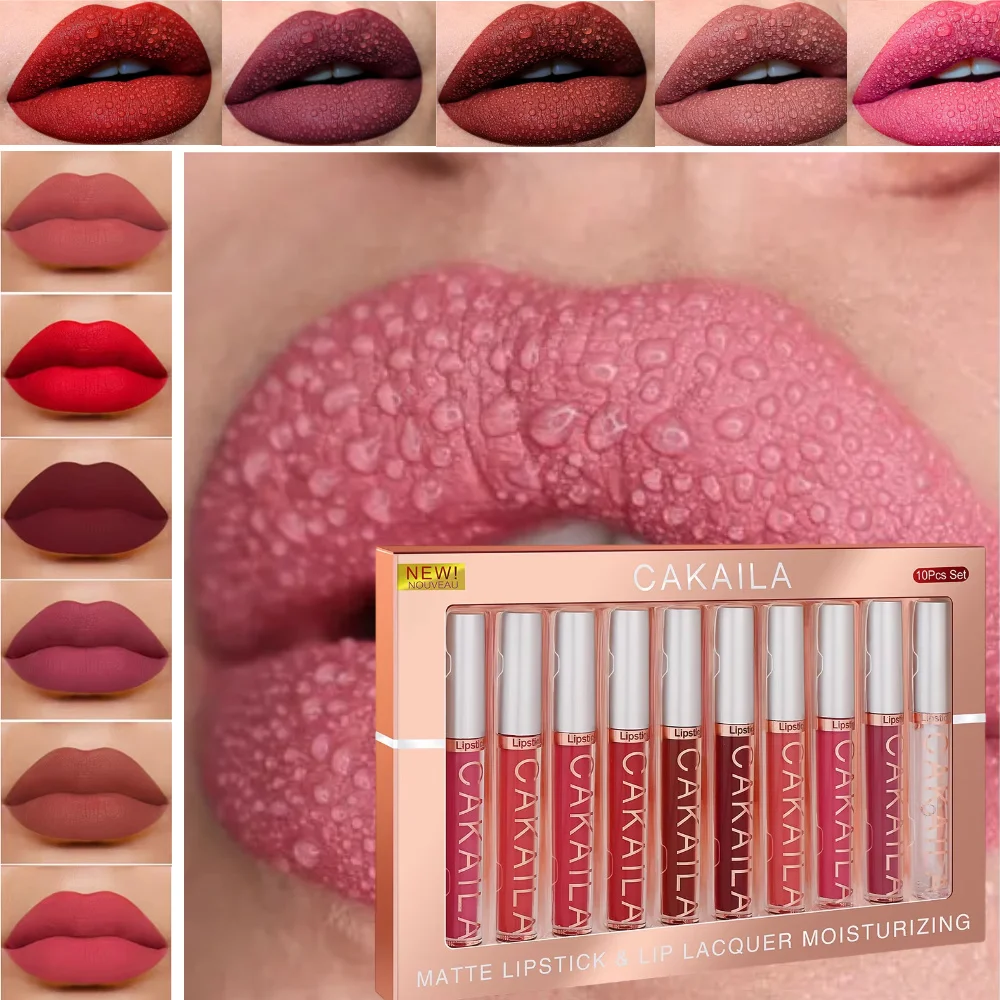 CAKAILA 10 pcs Matte Velvet Nude Lip Gloss Set ลิปสติกสีแสดงกันน้ํา non-stick liquid ลิปสติก lip gloss