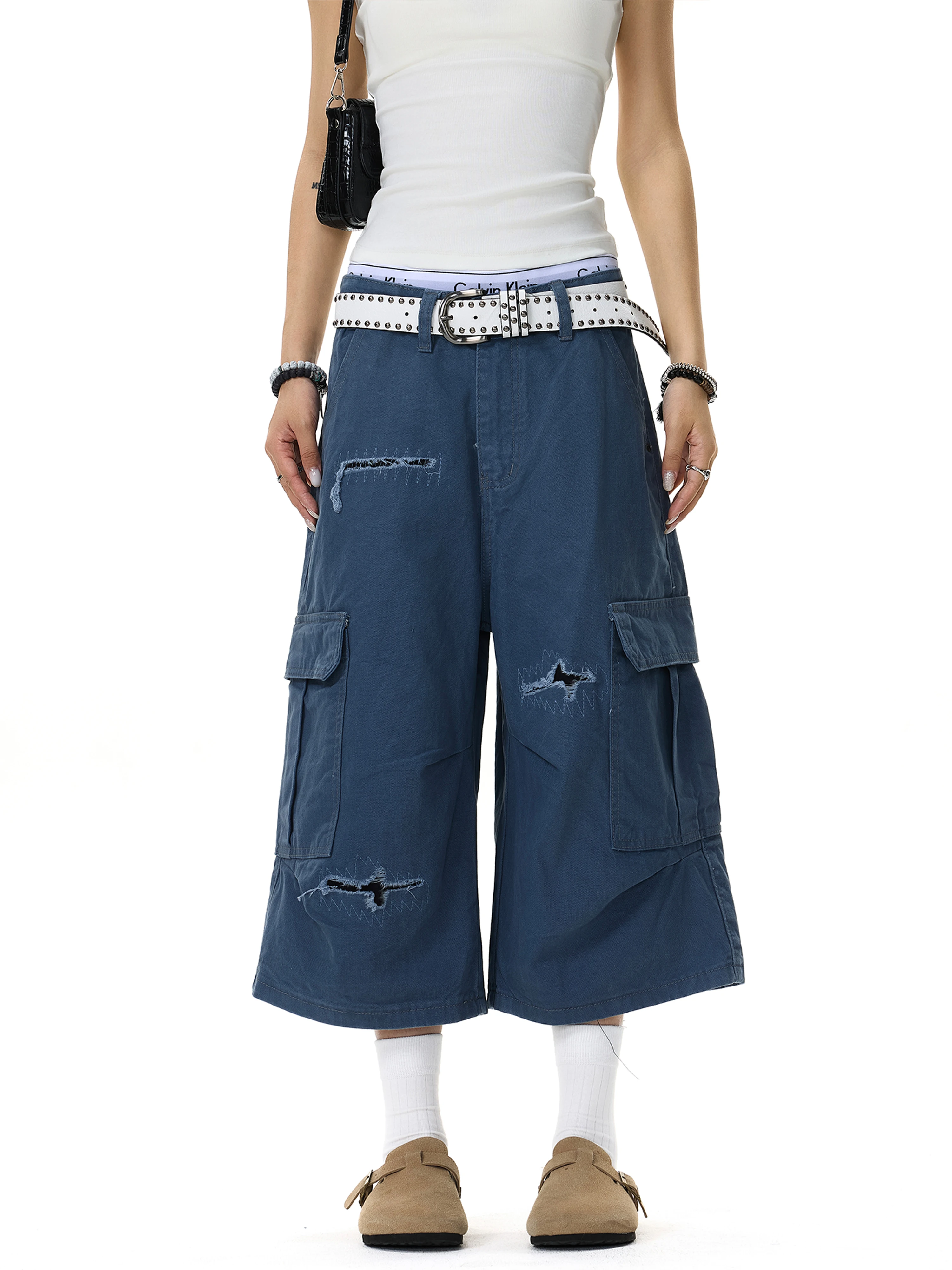 Calças de Trabalho Estilo Americano Retrô para Homens e Mulheres, Calças Largas Casuais Vintage com Grandes Bolsos em Jeans d...