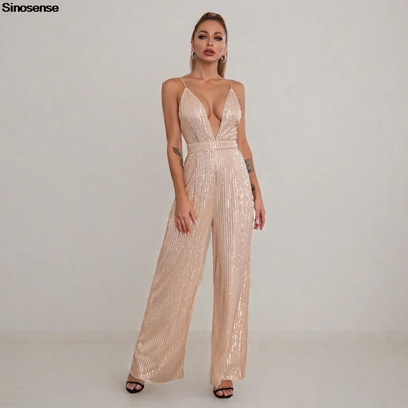 

Women Sexy Deep V Neck Sequin Sparkly Jumpsuits Spaghetti Strap Loose Long Wide Leg Pants Rompers Night Out Club Party Outtfits