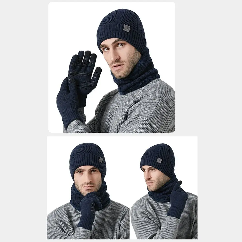 3Pcs/Set Set Topi, Syal, dan Sarung Tangan Musim Dingin yang Hangat, Berlapis Tebal, Rajutan, Set Beanie Snood, Syal Elastis Lembut, Penghangat Leher, Cocok untuk Pria