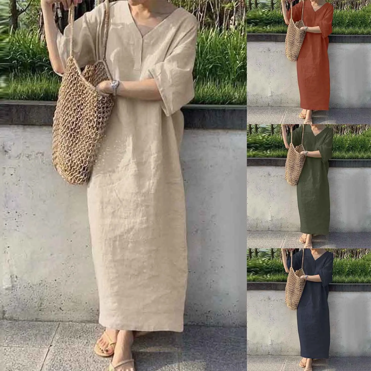 

100% Linen Fabric Loose V-neck Dress Daily Solid Color Plus Size Dress