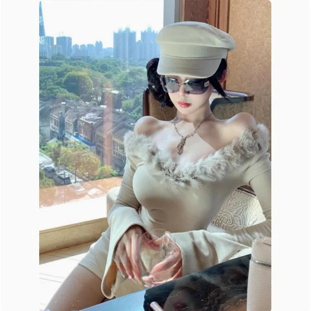 تي شيرت Pure Desire Spicy Girl من الفرو الصناعي على الكتف تي شيرت نسائي للخريف والشتاء بقصة ضيقة ملابس داخلية قاعدة علوية V-Ne Long Sve ort... #3