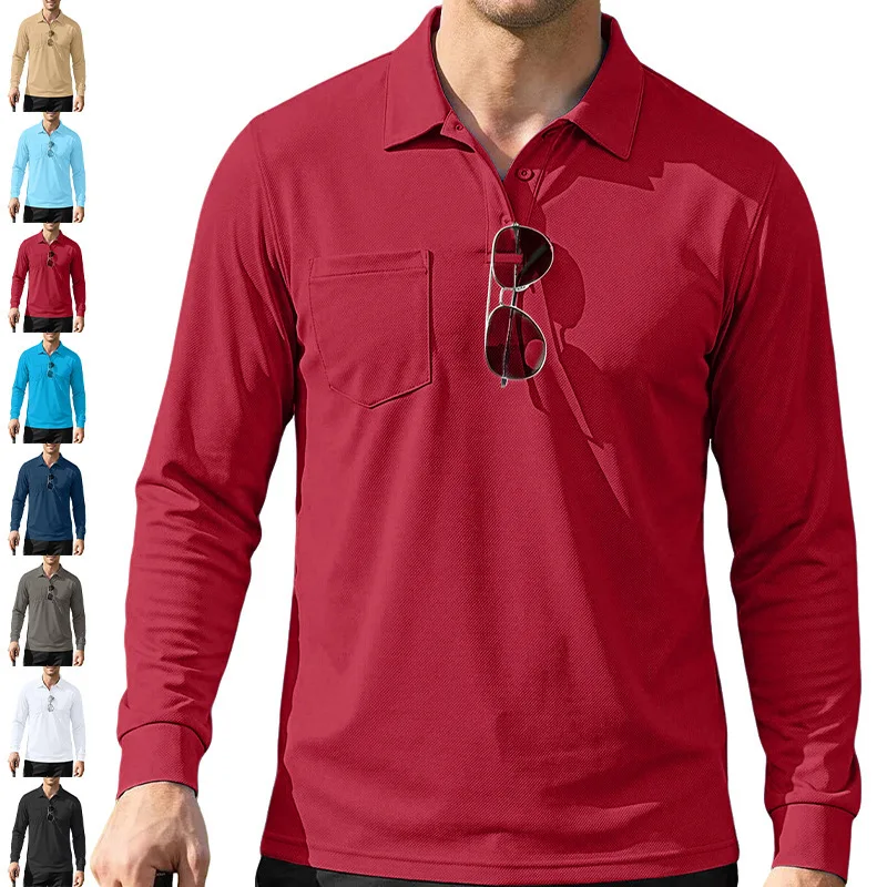Men's Quick Dry Long Sleeve Polo Shirt Turn‑Down Collar Chest Pocket 2‑Button Placket Casual Sports Tops