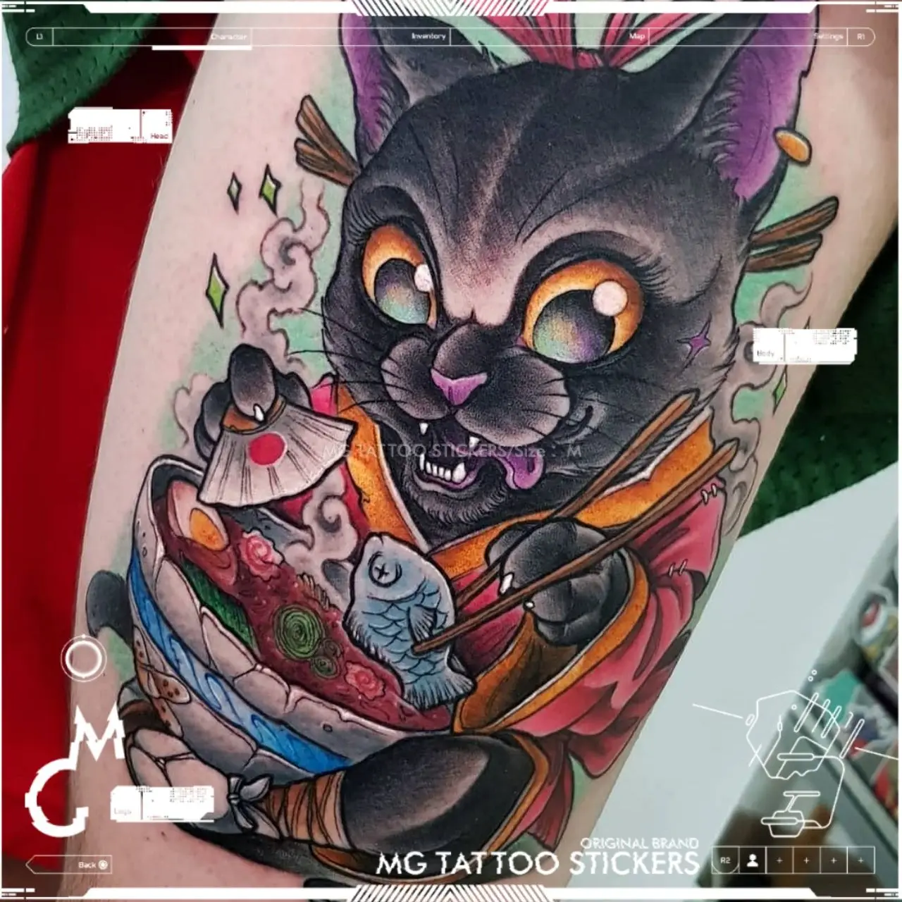 Japanese Cat Eat Ramen Tattoo Lasting Waterproof Tattoo Stickers for Woman Man Cartoon Animal Arm Temporary Tattoos Fake Tattoo