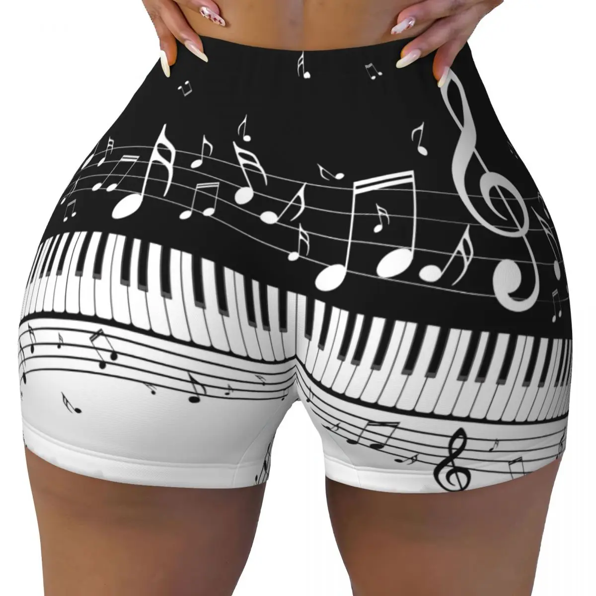 Yoga Shorts Abstract Piano Keys With Musical Notes Women Biker Tight Elastic Workout Sports Leggings Sportswear