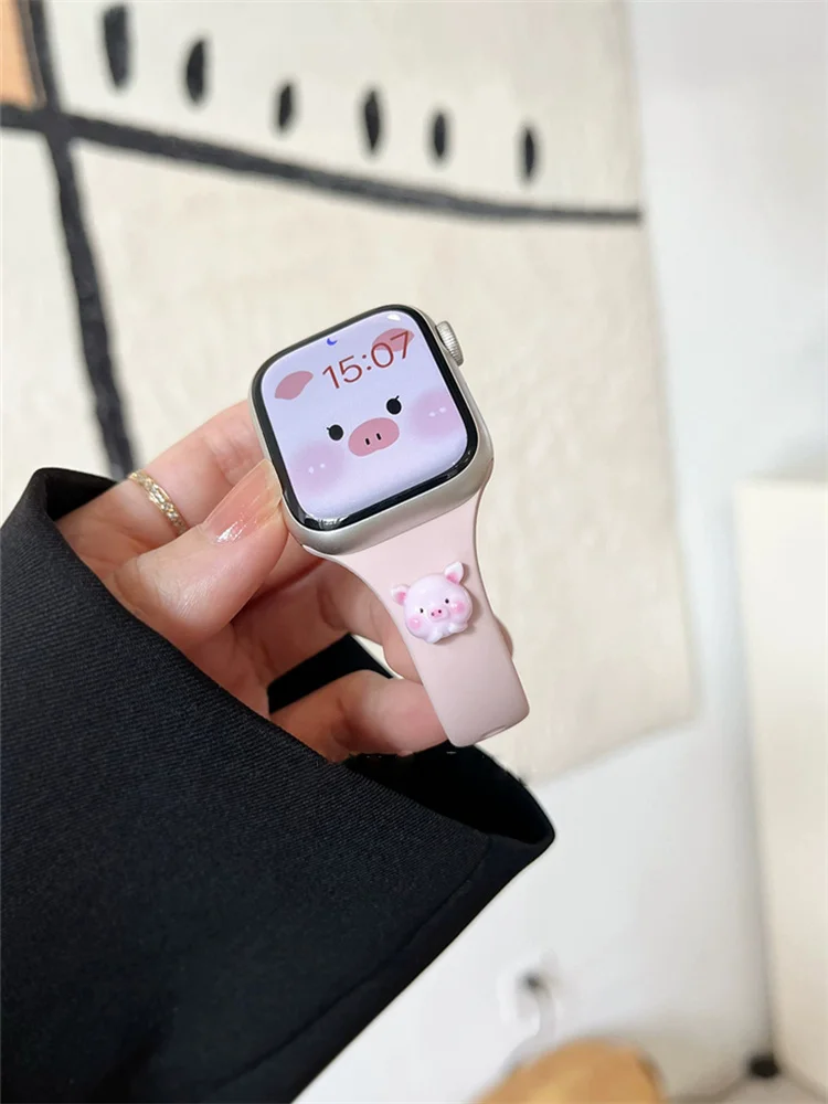 Cartoon Cute Pink Pig Band For Apple Watch 49mm 38 40mm 41mm Slim Soft Silicone Sport Strap For iWatch Series Ultra 2 9 8 7 SE 6