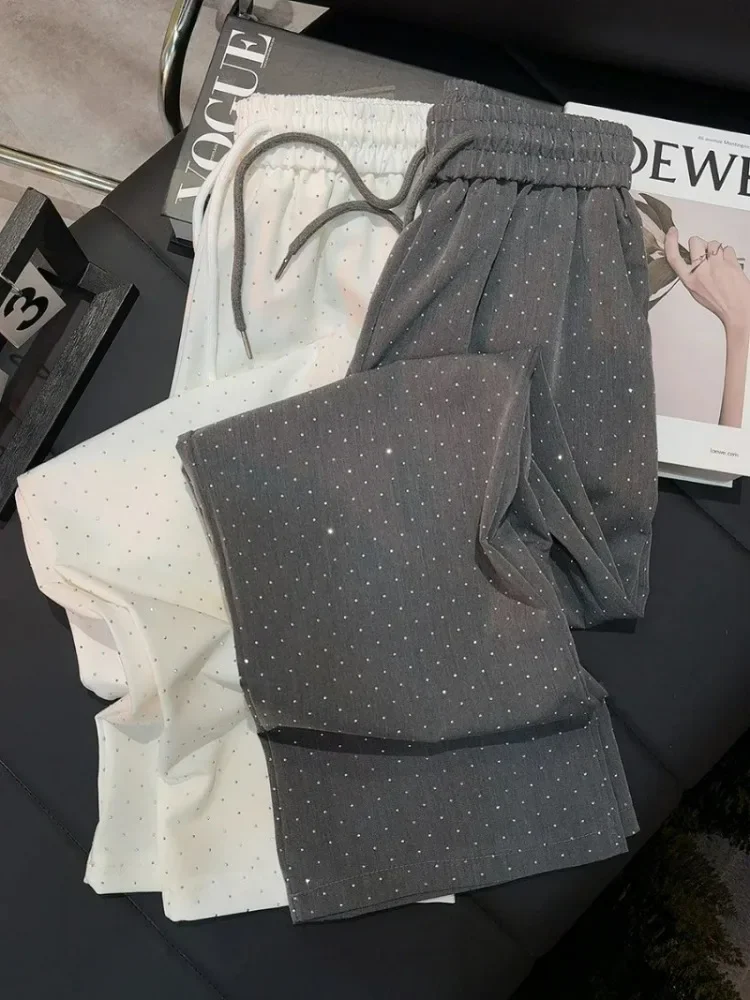 New Women High Waist Hot Diamond Casual Wide Leg Pants Summer Korean Fashion Design Sparkling Loose Women's Straight Leg Pants