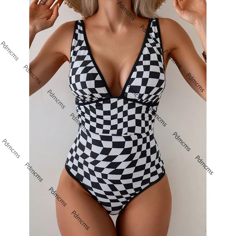 

2025 new swimsuit European and American V-neck plaid one-piece swimsuit women's beach hot spring bikini