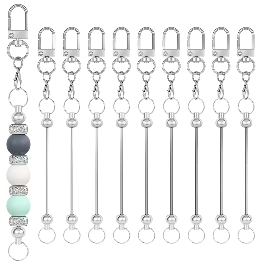 10Pcs 15cm Silvery Metal Keychain Blanks, D Snap Clasp Beadable Key Chain Bars For DIY Beaded Keyring, Bag Charm & Jewelry Craft
