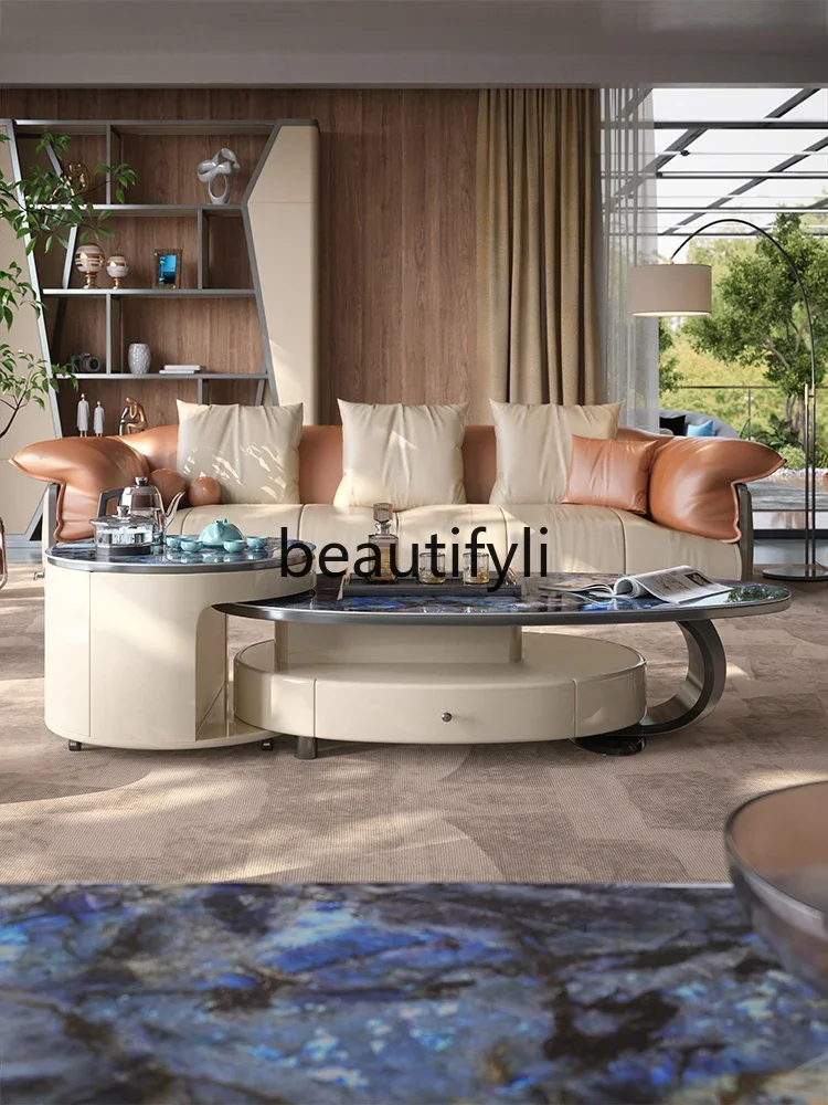 Luxury stone rock slab coffee table household small apartment mobile tea making integrated simple modern balcony tea cart